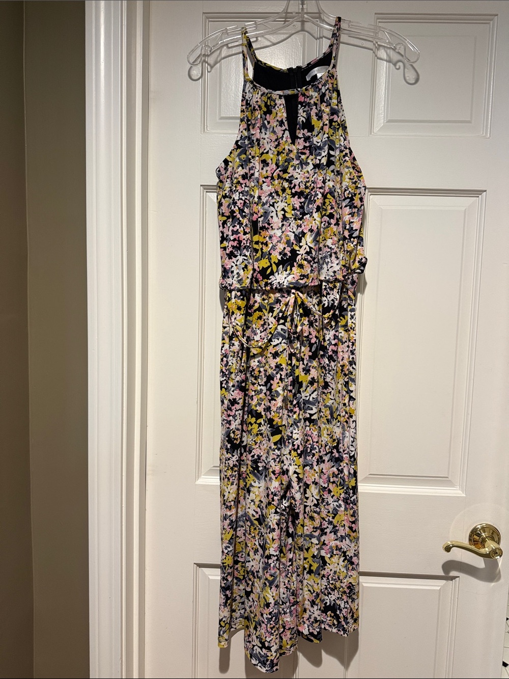 London Times Black Floral Halter Maxi Jumper with Pink & Yellow Accents
